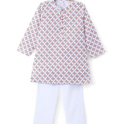 Babyhug 100% Cotton Full Sleeves Kurta & Pyjama Set With Ikat Print - White-image-43