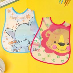 Yellow Bee Plastic Elephant and Lion Print Bib with Adjustable Closure Set of 2 for Boys Blue and Red-0