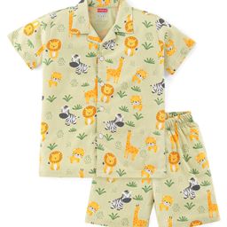 Babyhug Single Jersey Knit Half Sleeves Night Suit With Wild Animal Print - Green-image-18