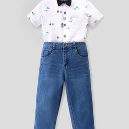 Ollington St. 100% Cotton Knit Half Sleeves Penguin Printed Shirt & Jeans Set with Bow - White & Indigo Blue-image-20
