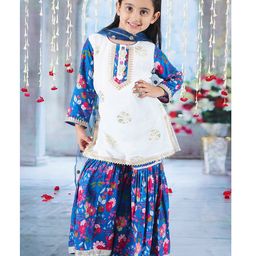 Little Bansi Three Fourth Sleeves Floral Printed With  Gota Lace & Sequin Embellished Coordinating Kurta Sharara With Dupatta Set - White & Blue-picture-11