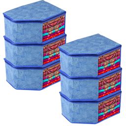 Kuber Industries Blouse Cover  Clothes Storage Bag  Zipper Wardrobe Organizers  Non-Woven Clothes Organiser  Side Transparent Blouse Organizer  Lahariya-Design  Pack of 6  Blue-59
