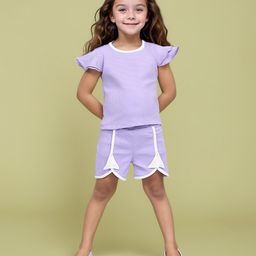 TOONYPORT 100% Cotton Cap Sleeves Ribbed & Bow Detailed Coordinating Tee With Shorts - Lavender-image-26
