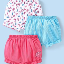 Babyhug 100% Cotton Above Knee Length Bloomer with Butterfly & Polka Dots Print Pack of 3 - White Pink & Blue-image-63
