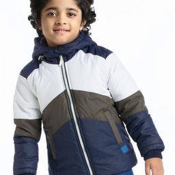 Babyhug Woven Full Sleeves Color Block Jacket With Removable Hoodie - Multicolor-18