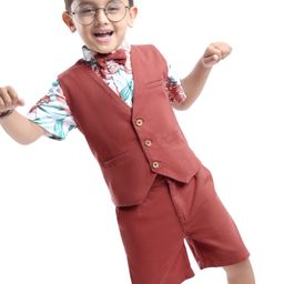 Ollington St. 100% Cotton Knit Half Sleeves Collared  Tropical Printed Shirt & Twill Shorts Set With Bow & Waistcoat  Multicolor-picture-40