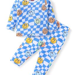 Babyhug Cotton Knit Full Sleeves Night Suit With Smiley Print - Blue-image-15