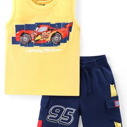 Babyhug Disney Cotton Knit Sleeveless T-Shirt & Shorts Set With Cars Graphics - Yellow & Navy-image-43