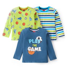 Babyhug 100% Cotton Knit Full Sleeves Striped T-Shirt & Game Theme Print Pack of 3 - Green & Navy-image-84