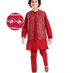 Pine Kids Woven Full Sleeves Solid Color Kurta Pajama Set With Sequinned Detailing Jacket  - Red-image-55