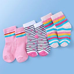 Doodle Poodle Cotton Knit Ankle Length Strips & Stars Print Socks  Pack of 3 -Pink & White-image-67