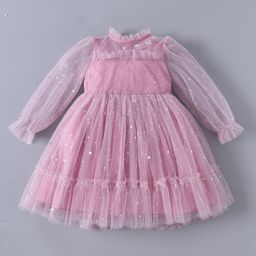 Kookie Kids Full Sleeves Star Printed Party Frock - Mauve-image-86