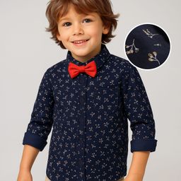 Babyhug Woven Full Sleeves Floral Printed Party Shirt with Bow - Navy Blue-image-25