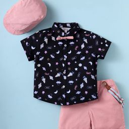 ToffyHouse Cotton Woven Half Sleeves Space Theme Printed Shirt & Shorts With Bow Suspender & Hat - Peach & Navy Blue-image-29