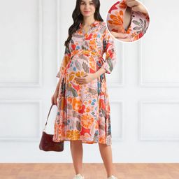 Bella Mama WovenThree Fourth Sleeves Shirt Maternity DressWith Floral Print - Multicolor-picture-38