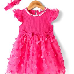 Mark & Mia Cotton Frill Sleeves Frock & Head Band with Pearl Detailing- Fuchsia-image-9