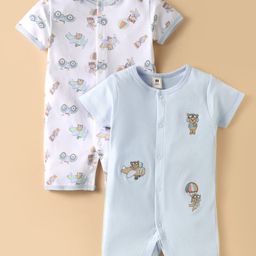 ToffyHouse Cotton Knit Half Sleeves Animal Printed & Embroidered Front Open Rompers Pack of 2 - White & Light Blue-image-43