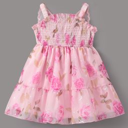 Mark & Mia Sleeveless Floral Printed Party Frock with Butterfly Applique & Smocking - Pink-image-84