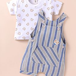 ToffyHouse Interlock Knit Half Sleeves T-Shirt & Striped Dungaree with Bear Print & Patch - White & Navy Blue-picture-27