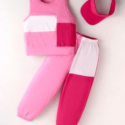 Tiara Sleeveless Cotton Jersey Colour Blocked Tee With Coordinating Joggers & Cap - Pink-image-39