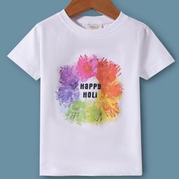 Ollypop Sinker Knit Half Sleeves T-Shirt With Happy Holi Text Print - White-image-58
