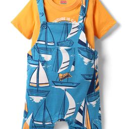 Babyhug Single Jersey Knit Nautical Theme Print Dunagaree & Half Sleeves Inner Tee - Blue-image-7