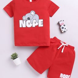 Little Ninja Cotton Half Sleeves Nope Text & Koala Printed Coordinating Tee & Shorts Set - Red-image-57