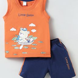 Tango Single Jersey Knit Sleeveless Tank T-Shirt & Shorts Set with Bear Print - Orange & Navy Blue-picture-3