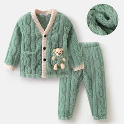 Mark & Mia Full Sleeves Front Open Winter Wear Night Suit with Teddy Bear Applique & Cable Knit Design - Green-picture-47