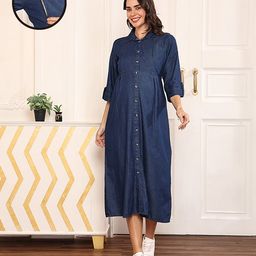 MomToBe Cotton Denim Three Fourth Sleeves Shirt Style Solid Maternity Dress With Nursing Access - Dark Blue-image-97