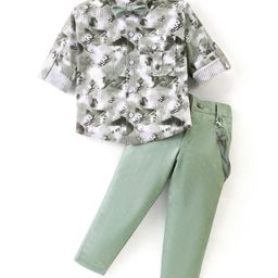 Rikidoos Full Sleeves Abstract Printed Shirt With Pant Suspender & Bow Set - White & Light Pista-image-48