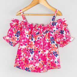 Hugsntugs Woven Cotton Cold Shoulder Floral Printed Top - Pink-picture-19