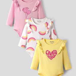 Bonfino 100% Cotton Knit Full Sleeves Onesies with Heart & Rainbow Print Pack of 3 - Yellow Pink & White-picture-46