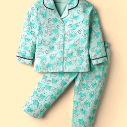 Doreme Cotton Knit Full Sleeves Co-ords Night Suit with Heart Print - Aqua Blue-image-88