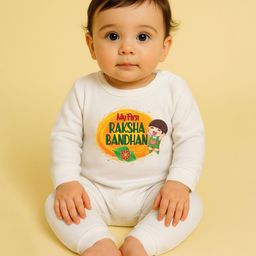 The Peppy Tend 100% Cotton Knit Rakshabandhan Theme Full Sleeves My First Rakshabandhan Text Printed Romper - White-image-53
