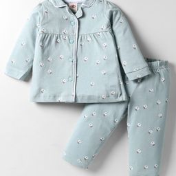 Zero Sinker Knit Full Sleeves Co-ords Night Suit With Floral Print - Light Blue-picture-3