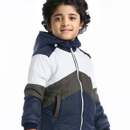 Babyhug Woven Full Sleeves Color Block Jacket With Removable Hoodie - Multicolor image 4
