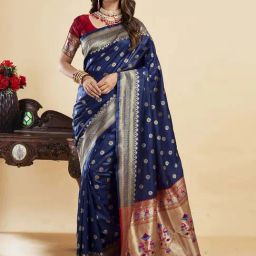 Satrani Navy Blue & Golden Silk Woven Saree With Unstitched Blouse-image-93