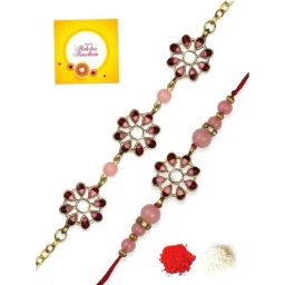 Karatcart Gold-Plated Red Two Tone Kundan Handmade Rakhi, Roli & Chawal for Bhai & Bhabi - Set of 2 image 2