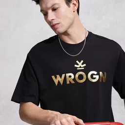 WROGN Brand Logo Printed Drop-Shoulder Sleeves Pure Cotton Oversized T-shirt-image-79