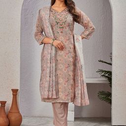 Moda Rapido Women Floral Printed Regular Chanderi Silk Kurta with Trousers & With Dupatta-image-83