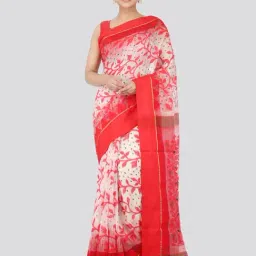 Pinkloom White Jamdani Cotton Printed Saree With Blouse-picture-22