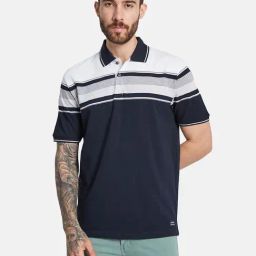 Octave Light Navy Cotton Regular Fit Striped Polo T-Shirt-image-78