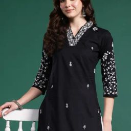 Indo Era Black Cotton Regular Fit Embroidered Kurta-image-46