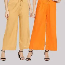 TWIN BIRDS Beige & Orange Mid Rise Palazzos - Pack Of 2-image-76