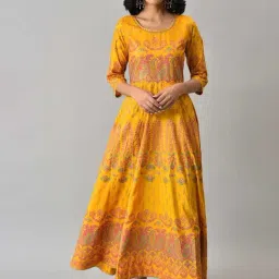 W Mustard Printed A Line Kurta-picture-23