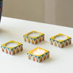 ExclusiveLane Mughal Glow Hand-painted Yellow & White Ceramic Candle Holder - Set of 4-image-32