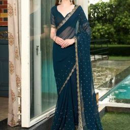 Fabmora Teal Embellished Georgette Saree with Blouse-picture-39