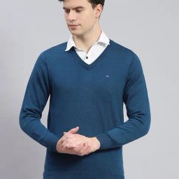 Monte Carlo Teal Pure Wool Regular Fit Solid Pullover-19