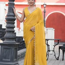 Fabmora Yellow Embellished Georgette Saree with Blouse-image-92